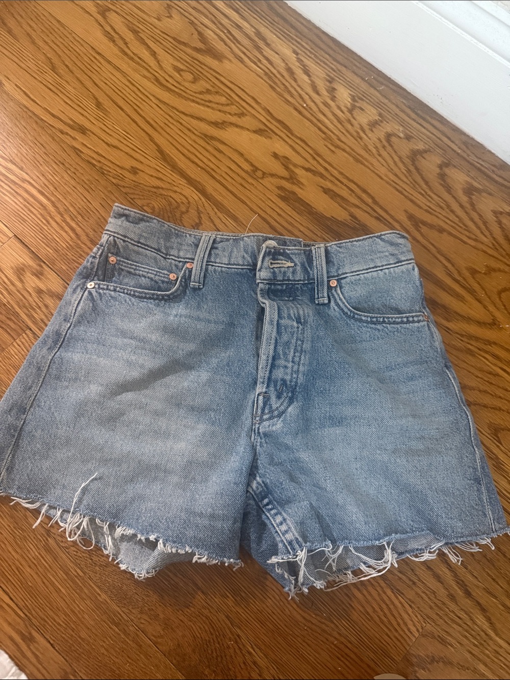 MOTHER The Skipper Short Long Fray Jeans in Light Blue Denim